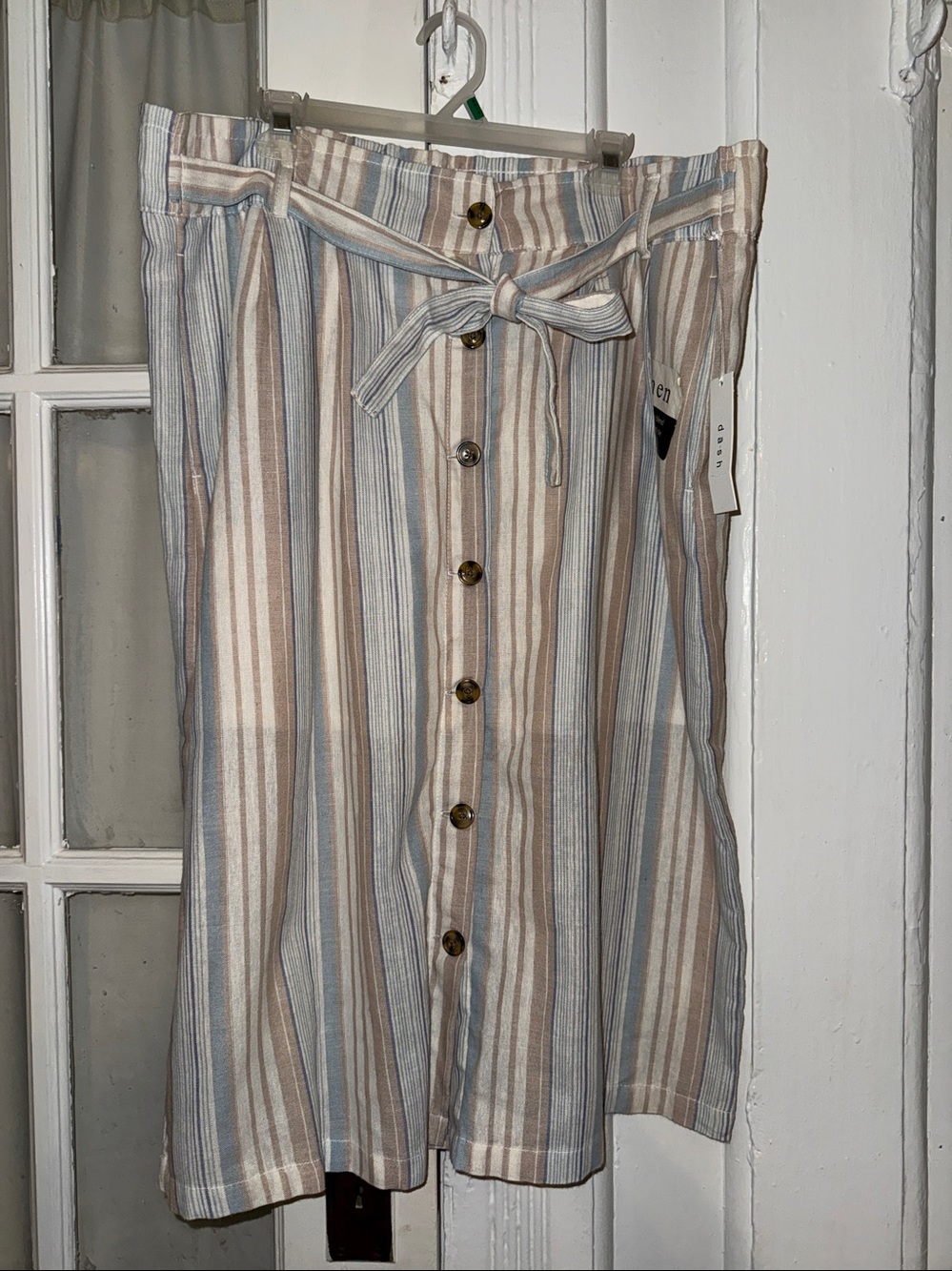 dā-s h Linen Blend Striped Button Cottage Core Skirt With Removable‎ Belt Sz XL